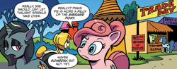 Size: 872x342 | Tagged: safe, artist:andypriceart, idw, imported from derpibooru, art noir, golden feather, pink molly, princess celestia, earth pony, pegasus, pony, unicorn, spoiler:comic, spoiler:comic65, braid, braided tail, clothes, comic, female, foreshadowing, heartwarming in hindsight, hoodie, implied pinkie pie, implied twilight sparkle, male, mare, official comic, speech bubble