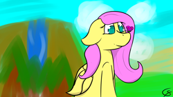 Size: 1920x1080 | Tagged: safe, artist:gamer-shy, imported from derpibooru, fluttershy, butterfly, pegasus, butterfly on nose, cute, insect on nose, pink mane, watercolor background, waterfall