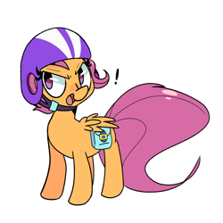 Size: 2500x2500 | Tagged: safe, artist:kindakismet, imported from derpibooru, scootaloo, pegasus, pony, bag, cute, cutealoo, exclamation point, female, filly, helmet, high res, open mouth, saddle bag, simple background, solo, white background