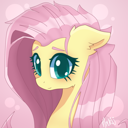 Size: 2000x2000 | Tagged: safe, artist:hrukii, artist:navokin, imported from derpibooru, fluttershy, pony, abstract background, bust, cropped, cute, ear fluff, female, floppy ears, high res, looking at you, mare, portrait, shyabetes, smiling, solo, stray strand, three quarter view