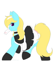 Size: 2108x2808 | Tagged: safe, artist:xcinnamon-twistx, imported from derpibooru, oc, oc only, earth pony, pony, clothes, collar, commission, crossdressing, diaper, diaper fetish, female, fetish, frills, looking at you, maid, maid headdress, mouth hold, non-baby in diaper, poofy diaper, shoes, simple background, solo, transparent background, ych result