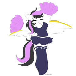 Size: 3000x3000 | Tagged: safe, artist:xcinnamon-twistx, imported from derpibooru, oc, oc only, oc:lasting charity, pegasus, semi-anthro, cheerleader, clothes, commission, eyes closed, happy, open mouth, pom pom, shirt, simple background, skirt, socks, solo, stockings, thigh highs, transparent background, ych result