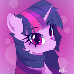 Size: 2000x2000 | Tagged: safe, artist:hrukii, artist:navokin, imported from derpibooru, twilight sparkle, pony, unicorn, abstract background, bust, cropped, cute, ear fluff, female, high res, looking at you, mare, portrait, pretty, smiling, solo, three quarter view, twiabetes