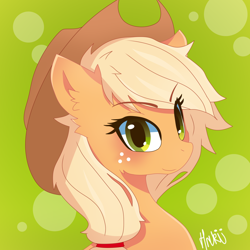 Size: 2000x2000 | Tagged: safe, artist:hrukii, artist:navokin, imported from derpibooru, applejack, earth pony, pony, abstract background, blushing, bust, cropped, ear fluff, eye clipping through hair, female, hat, high res, looking at you, mare, portrait, smiling, solo, three quarter view