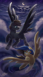 Size: 2200x3900 | Tagged: safe, artist:ariamidnighters, imported from derpibooru, oc, oc only, pegasus, pony, cloud, crescent moon, duo, female, flying, looking at each other, male, mare, moon, night, smiling, stallion