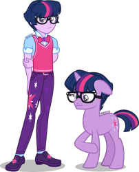 Size: 3233x4000 | Tagged: safe, alternate version, artist:orin331, imported from derpibooru, sci-twi, twilight sparkle, pony, unicorn, equestria girls, :t, arm behind back, bowtie, clothes, cutie mark, cutie mark on clothes, dusk shine, equestria guys, floppy ears, geode of telekinesis, glasses, high res, human ponidox, magical geodes, male, pants, pretty boy, raised hoof, rule 63, sci-dusk, self paradox, self ponidox, shirt, shoes, simple background, stallion, sweater vest, transparent background, unicorn sci-dusk, unicorn sci-twi