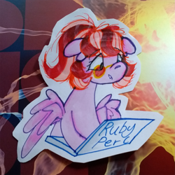 Size: 1461x1461 | Tagged: safe, artist:twilightcomet, imported from derpibooru, oc, oc only, oc:ruby perl, pegasus, pony, abstract background, blush sticker, blushing, bust, computer, laptop computer, pegasus oc, solo, wings