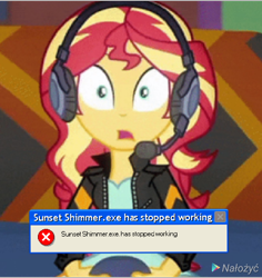 Size: 720x763 | Tagged: safe, edit, edited screencap, imported from derpibooru, screencap, sunset shimmer, equestria girls, equestria girls series, game stream, spoiler:eqg series (season 2), error, female, meme, microsoft windows, solo, windows, windows xp, x.exe stopped working