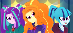 Size: 6262x2850 | Tagged: safe, artist:xan-gelx, imported from derpibooru, adagio dazzle, aria blaze, sonata dusk, equestria girls, rainbow rocks, absurd resolution, clothes, female, gem, happy, hoodie, looking at you, open mouth, siren gem, smiling, the dazzlings