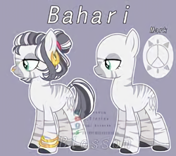 Size: 478x422 | Tagged: dead source, safe, artist:shinningblossom12, imported from derpibooru, oc, oc only, oc:bahari blossom, pony, zebra, bald, bracelet, female, jewelry, mare, reference sheet, zebra oc