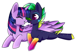 Size: 1601x1106 | Tagged: safe, artist:cloud-fly, imported from derpibooru, twilight sparkle, oc, oc:prism streak, alicorn, earth pony, pony, female, hug, mare, prone, twilight sparkle (alicorn), winghug