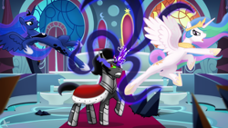 Size: 1920x1080 | Tagged: safe, artist:whitequartztheartist, imported from derpibooru, king sombra, princess celestia, princess luna, alicorn, pony, unicorn, action pose, dark magic, female, fight, kick, kicking, magic, male, martial arts, tentacles, throne room