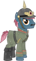 Size: 1985x3341 | Tagged: safe, artist:shadymeadow, imported from derpibooru, oc, oc only, oc:shattered glory, crystal pony, pony, clothes, male, oc villain, pickelhaube, simple background, solo, stallion, transparent background, uniform