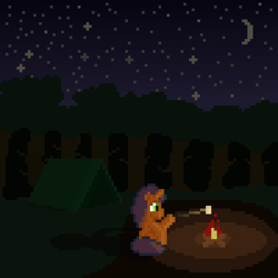 Size: 800x800 | Tagged: safe, artist:nitobit, artist:silent pone, derpibooru exclusive, imported from derpibooru, oc, unnamed oc, pony, unicorn, campfire, food, forest, male, marshmallow, moon, night, pixel art, shadow, sitting, stallion, stars, tent, tree