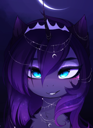 Size: 476x650 | Tagged: safe, artist:magnaluna, imported from derpibooru, princess luna, alicorn, pony, blushing, chest fluff, crown, female, jewelry, lip bite, regalia, solo