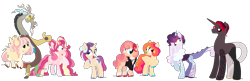 Size: 2480x800 | Tagged: safe, artist:fuxebuxe, imported from derpibooru, discord, fluttershy, pinkie pie, oc, oc:blood orange, oc:cacophony, oc:cotton elizabeth fluff, oc:sixth sense, oc:sleepy-time tea, alicorn, earth pony, hybrid, pegasus, pony, base used, disshypie, family, group, next generation, offspring, parent:discord, parent:fluttershy, parent:pinkie pie, parents:disshypie, pegasus pinkie pie, race swap, redesign, simple background, transparent background