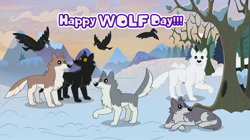 Size: 1280x719 | Tagged: safe, artist:andoanimalia, imported from derpibooru, sandra, bird, raven (bird), wolf, forest, no pony, show accurate, snow, text, wolf day