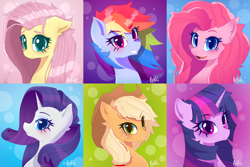 Size: 6000x4000 | Tagged: safe, artist:hrukii, artist:navokin, imported from derpibooru, applejack, fluttershy, pinkie pie, rainbow dash, rarity, twilight sparkle, earth pony, pegasus, pony, unicorn, absurd resolution, bust, cheek fluff, cowboy hat, cute, ear fluff, female, hat, looking at you, mane six, mare, portrait, profile, smiling