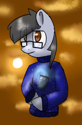 Size: 2575x3894 | Tagged: safe, artist:asklightning, imported from derpibooru, oc, oc only, oc:silver bristle, earth pony, pony, semi-anthro, clothes, confused, digital art, doctor who, glasses, looking at you, male, necktie, simple background, stallion, sweater, tardis