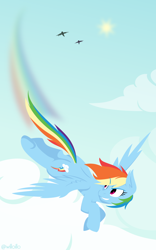 Size: 800x1280 | Tagged: safe, artist:willoillo, imported from derpibooru, rainbow dash, pegasus, pony, cloud, female, flying, simple background, sky, solo