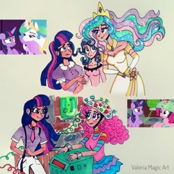 Size: 2000x2000 | Tagged: safe, artist:valeriamagicart, imported from derpibooru, screencap, pinkie pie, princess celestia, starlight glimmer, twilight sparkle, alicorn, earth pony, human, unicorn, feeling pinkie keen, horse play, humanized, scene interpretation, screencap reference, traditional art, twilight sparkle (alicorn), unicorn twilight