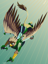 Size: 768x1024 | Tagged: safe, artist:willoillo, imported from derpibooru, oc, oc only, oc:serilde, griffon, action pose, exosuit, flying, griffon oc, sierra nevada, solo