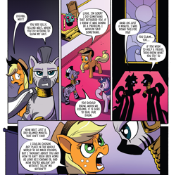 Size: 1983x1974 | Tagged: safe, artist:andypriceart, idw, imported from derpibooru, applejack, twilight sparkle, zecora, earth pony, pony, zebra, spoiler:comic, spoiler:comic89, angry, applejack is not amused, argument, female, freckles, mare, mohawk, narrowed eyes, offended, oh no she didn't, season 10, unamused, yelling, zecora is not amused