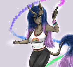 Size: 904x826 | Tagged: safe, artist:zsnowfilez, imported from derpibooru, oc, oc only, anthro, unicorn, anthrofied, belly button, breasts, cleavage, clothes, da 20th birthday, deviantart, female, horn, shirt, simple background, solo