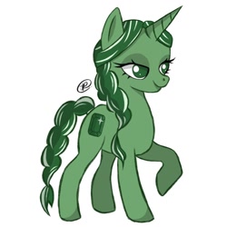 Size: 918x918 | Tagged: safe, alternate version, artist:cherrys_doodles, imported from derpibooru, oc, oc only, oc:emerald shine, pony, unicorn, background removed, braid, braided tail, eyelashes, horn, raised hoof, simple background, solo, unicorn oc, white background