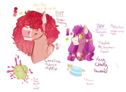 Size: 1080x789 | Tagged: safe, artist:ditzydoggo, imported from derpibooru, oc, oc:carolina adagio apple, oc:very cherry summer, earth pony, pony, adopted offspring, apple, bust, cake, cutie mark, earth pony oc, female, food, hair over eyes, magical gay spawn, magical lesbian spawn, mare, offspring, parent:big macintosh, parent:cheerilee, parent:sugar belle, parent:trouble shoes, parents:sugarlee, parents:troublemac, pigtails, siblings, simple background, sisters, twintails, white background