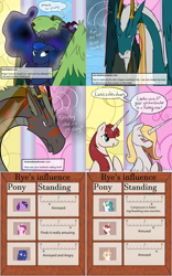 Size: 2562x4118 | Tagged: safe, artist:omutant2, artist:professor-ponyarity, imported from derpibooru, princess cadance, princess celestia, princess luna, twilight sparkle, oc, oc:bonniecorn, oc:fausticorn, oc:rye, alicorn, dragon, pony, tumblr:ask rye dimar dragon, dimar: lost waters, ethereal mane, glowing eyes, luuko, olitar, twilight sparkle (alicorn)