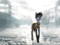 Size: 2000x1500 | Tagged: source needed, safe, artist:lbunicorn, artist:lostworld, imported from derpibooru, oc, oc only, oc:silver bristle, earth pony, pony, blurred background, blurry background, clothes, cosplay, costume, crowbar, glasses, gordon freeman, half-life, half-life 2, male, mouth hold, necktie, ruins, solo, stallion