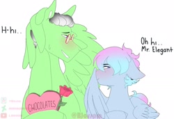 Size: 2048x1402 | Tagged: safe, artist:shinningblossom12, imported from derpibooru, oc, oc only, oc:drawing, oc:shinning blossom, pegasus, pony, bust, chocolate, dialogue, female, flower, food, male, mare, oc x oc, pegasus oc, rose, shipping, simple background, stallion, white background, wings