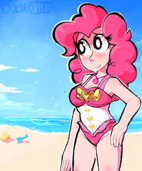 Size: 1020x1232 | Tagged: safe, artist:duckoiii, imported from derpibooru, pinkie pie, equestria girls, equestria girls series, attached skirt, beach, blushing, bucket, clothes, cute, diapinkes, female, geode of sugar bombs, hand on hip, magical geodes, one-piece swimsuit, skirt, solo, spade, swimsuit, white pupils