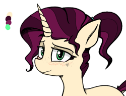 Size: 1123x854 | Tagged: safe, artist:pinkberry, imported from derpibooru, oc, oc only, oc:mulberry merlot, pony, unicorn, blushing, colored, dock, female, freckles, heart, mare, simple background, simple shading, solo, tattoo