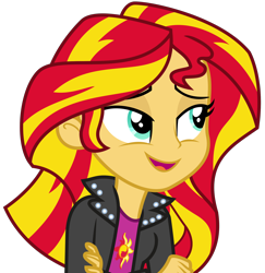 Size: 2172x2231 | Tagged: safe, artist:sketchmcreations, imported from derpibooru, sunset shimmer, equestria girls, rainbow rocks, clothes, crossed arms, female, jacket, leather jacket, open mouth, simple background, smiling, solo, transparent background, vector