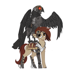 Size: 2744x2660 | Tagged: safe, artist:nsilverdraws, imported from derpibooru, oc, oc only, oc:radium gears, bird, earth pony, pony, robot, amputee, artificial intelligence, bag, bio in description, clothes, duo, duo focus, earth pony oc, exoskeleton, glowing eye, goggles, perching, prosthetic leg, prosthetic limb, prosthetics, saddle bag, simple background, steampunk, tanktop