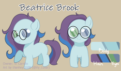 Size: 1300x759 | Tagged: safe, artist:helithusvy, artist:thanhvy15599, imported from derpibooru, oc, oc only, oc:beatrice brook, earth pony, pony, commission, cutie mark, earth pony oc, female, filly, glasses, heterochromia, reference sheet, refsheet, simple background, solo