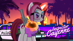 Size: 1920x1080 | Tagged: safe, artist:bastbrushie, artist:thebosscamacho, imported from derpibooru, cayenne, pony, unicorn, 357, 80s, building, car, clothes, cutie mark, fluffy, glasses, grand theft auto, grand theft auto vice city, gta vice city, gun, handgun, hawaiian shirt, inspector, magic, ocean, palm, palm tree, plane, police, police car, reflection, retro, retrowave, revolver, shirt, smiling, sun, sunset, synthwave, tail, title, tree, vice city, weapon