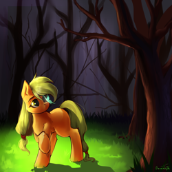 Size: 1600x1600 | Tagged: safe, artist:codliverno, imported from derpibooru, applejack, butterfly, earth pony, pony, cute, female, forest, insect on nose, jackabetes, missing cutie mark, raised hoof, signature, solo, tree