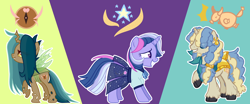 Size: 6000x2506 | Tagged: safe, artist:tersisa, imported from derpibooru, oc, oc only, changepony, hybrid, unicorn, clothes, female, high res, magical gay spawn, magical lesbian spawn, male, mare, offspring, parent:daring do, parent:party favor, parent:prince rutherford, parent:queen chrysalis, parent:starlight glimmer, parent:trixie, parents:startrix