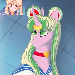 Size: 2048x2048 | Tagged: safe, artist:lunathemoongod, imported from derpibooru, oc, oc only, pony, unicorn, clothes, redraw, sailor moon, sailor moon redraw meme, sailor uniform, serena tsukino, solo, uniform