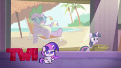 Size: 1920x1080 | Tagged: safe, edit, edited screencap, imported from derpibooru, screencap, spike, twilight sparkle, alicorn, pony, my little pony: pony life, the cutie re-mark, spoiler:pony life s01e29, beach, crazy straw, discovery family logo, female, g4.5, like a boss, mare, simple background, ted talk, transparent background, twi talk, twilight sparkle (alicorn), twilight sparkle's slide, vacation, zound off