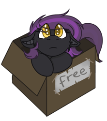 Size: 534x605 | Tagged: safe, alternate version, artist:rokosmith26, imported from derpibooru, part of a set, oc, oc only, oc:lunier constantine, bat pony, pony, alternate character, box, chibi, colored, cute, eye clipping through hair, female, floppy ears, looking at you, mare, puppy dog eyes, roko's box ponies, simple background, solo, text, transparent background, weapons-grade cute