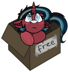 Size: 541x577 | Tagged: safe, alternate version, artist:rokosmith26, imported from derpibooru, part of a set, oc, oc only, oc:echo, bat pony, bat pony unicorn, hybrid, pony, unicorn, alternate character, blind, box, chibi, colored, cute, eye clipping through hair, female, filly, floppy ears, freckles, horn, looking at you, puppy dog eyes, roko's box ponies, simple background, solo, tail, teeth, text, tooth, transparent, transparent background