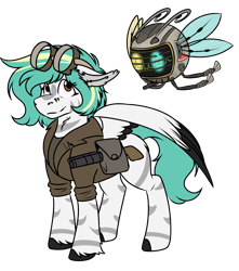 Size: 994x1123 | Tagged: safe, artist:rokosmith26, imported from derpibooru, oc, oc only, oc:rokosmith, pegasus, pony, robot, fallout equestria, bag, clothes, colored wings, ear fluff, female, floppy ears, goggles, gun, heterochromia, hoof fluff, looking up, mare, markings, messy mane, multicolored wings, short hair, short mane, shotgun, simple background, solo, spread wings, spritebot, standing, stripes, transparent background, tribal markings, weapon, wings