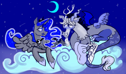 Size: 720x424 | Tagged: artist needed, safe, imported from derpibooru, discord, princess luna, alicorn, draconequus, blushing, cloud, cute, discute, duo, female, lunabetes, lunacord, male, night, shipping, straight