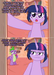 Size: 1076x1502 | Tagged: safe, artist:ladyanidraws, imported from derpibooru, spike, twilight sparkle, alicorn, dragon, pony, dialogue, eating, female, gem, lies, mare, twilight is not amused, twilight sparkle (alicorn), twilight sparkle is not amused, unamused