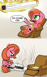 Size: 992x1602 | Tagged: safe, artist:wadusher0, imported from derpibooru, oc, oc:pun, pony, ask pun, ask, couch, fire, fire extinguisher