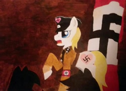 Size: 2576x1870 | Tagged: safe, artist:anonymous, imported from derpibooru, oc, oc:aryanne, earth pony, pony, art pack:marenheit 451, /mlp/, clothes, female, mare, nazi, nazi flag, solo, swastika, uniform